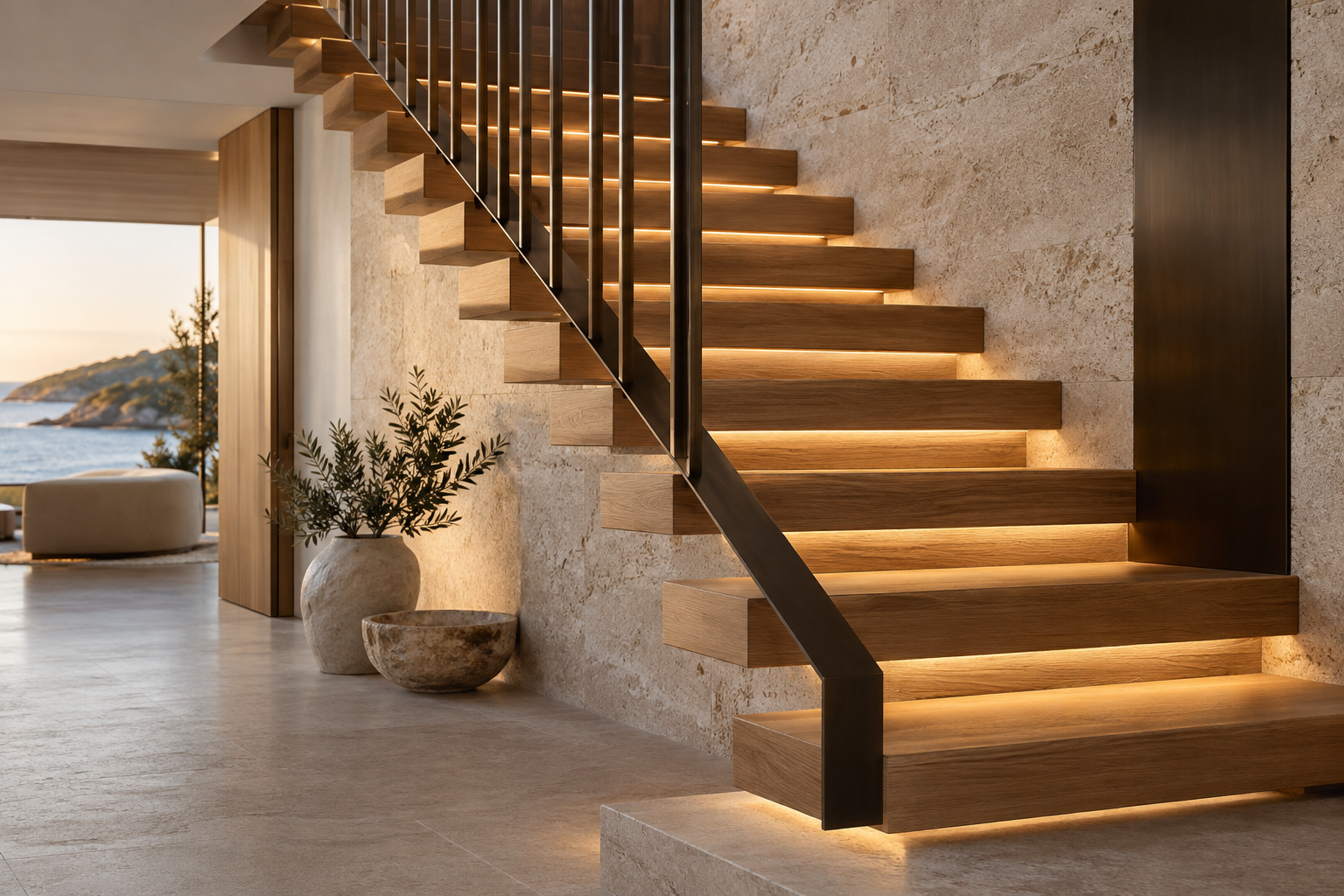 Illustrative interior showing concealed lighting along a sculptural staircase
